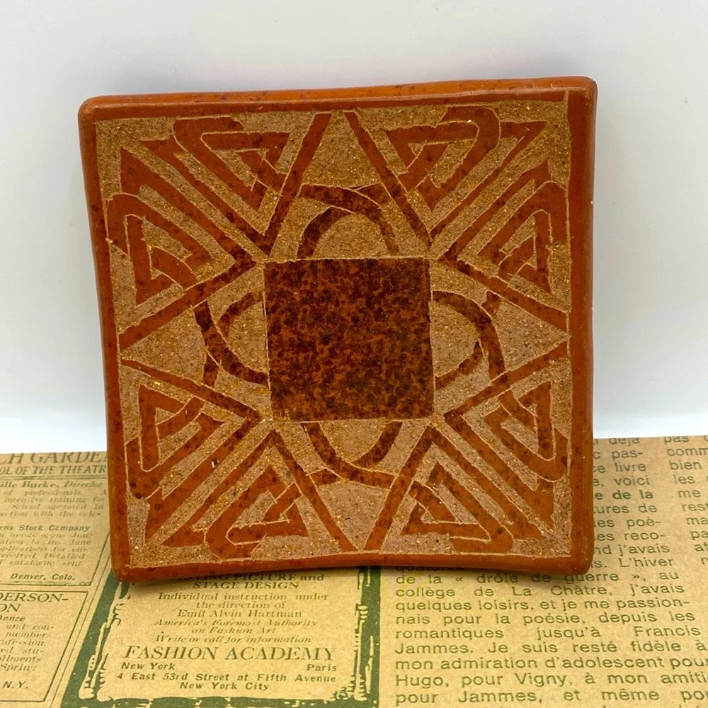 Terracotta Pottery Etched Indonesian Square Candle Holder Trinket Tray